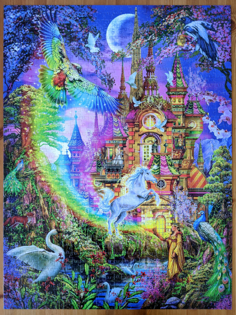 Puzzle of enchanted castle with vibrant rainbow colors